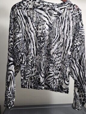 Womens Black & White Animal Print Long Sleeve Sheer Top